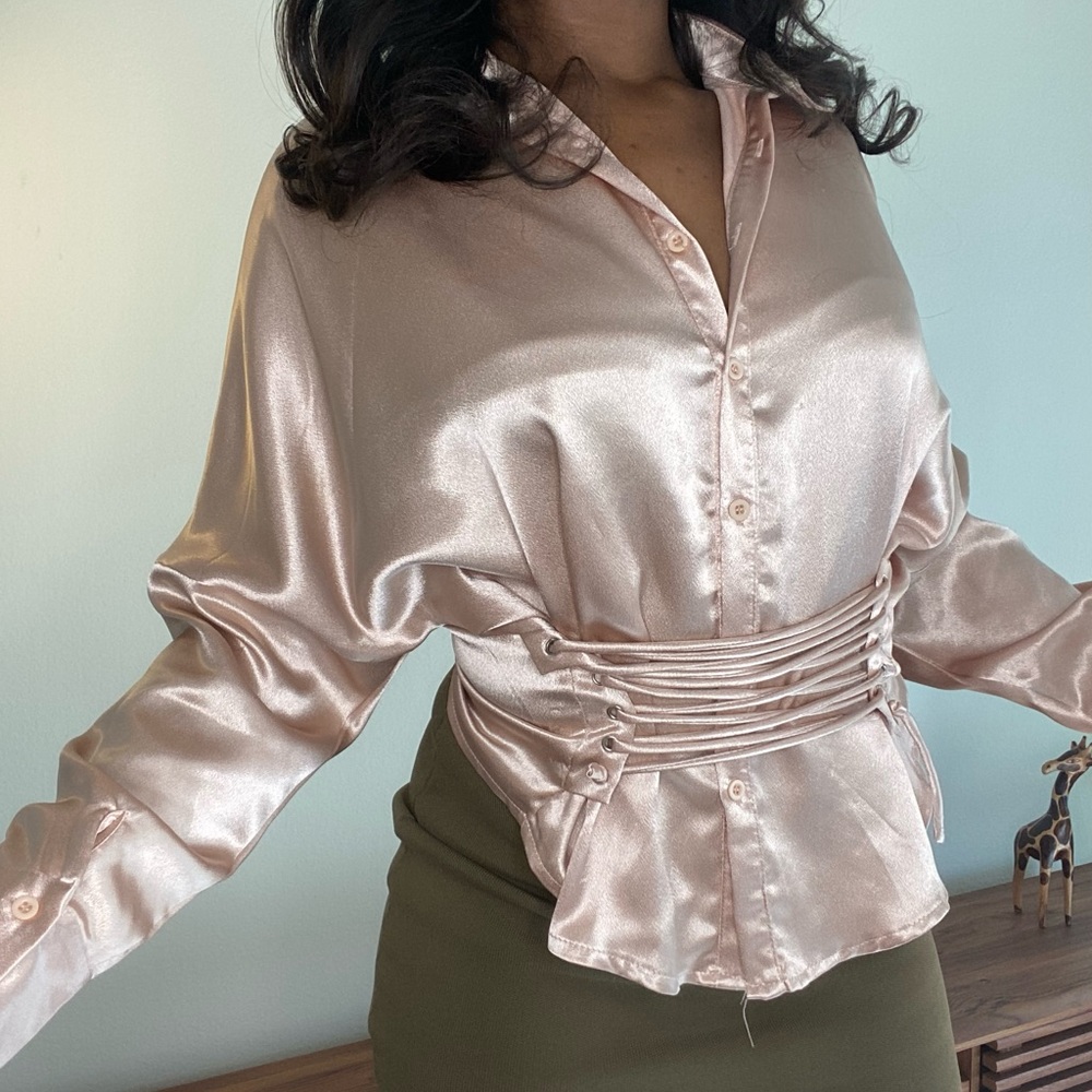 Long sleeve silk corset blouse